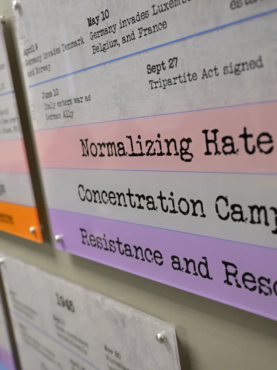 College students presenting Holocaust research connecting history to modern antisemitism