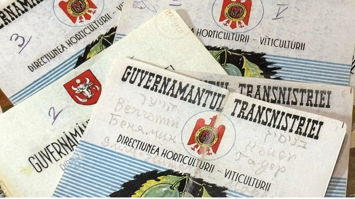 Handwritten Hebrew prayers on Romanian wine labels from the Guvernamantul Transnistriei, displayed as Holocaust artifacts in Yad Vashem's Living Memory exhibit