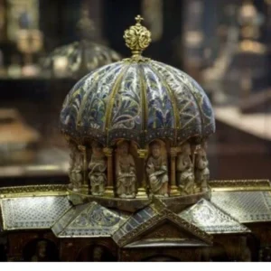 Gold and blue enamel domed reliquary with carved ivory figures, detail of the Guelph Treasure medieval ecclesiastical artifact collection