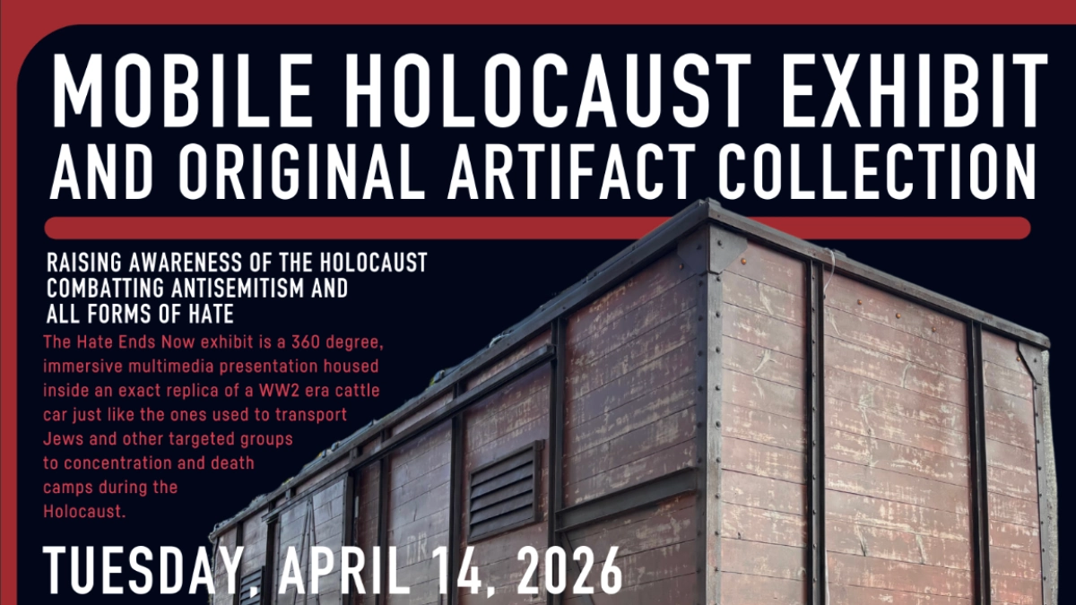 Replica WWII-era cattle car featured in the Hate Ends Now mobile Holocaust exhibit at Reform Congregation Keneseth Israel, April 14, 2026