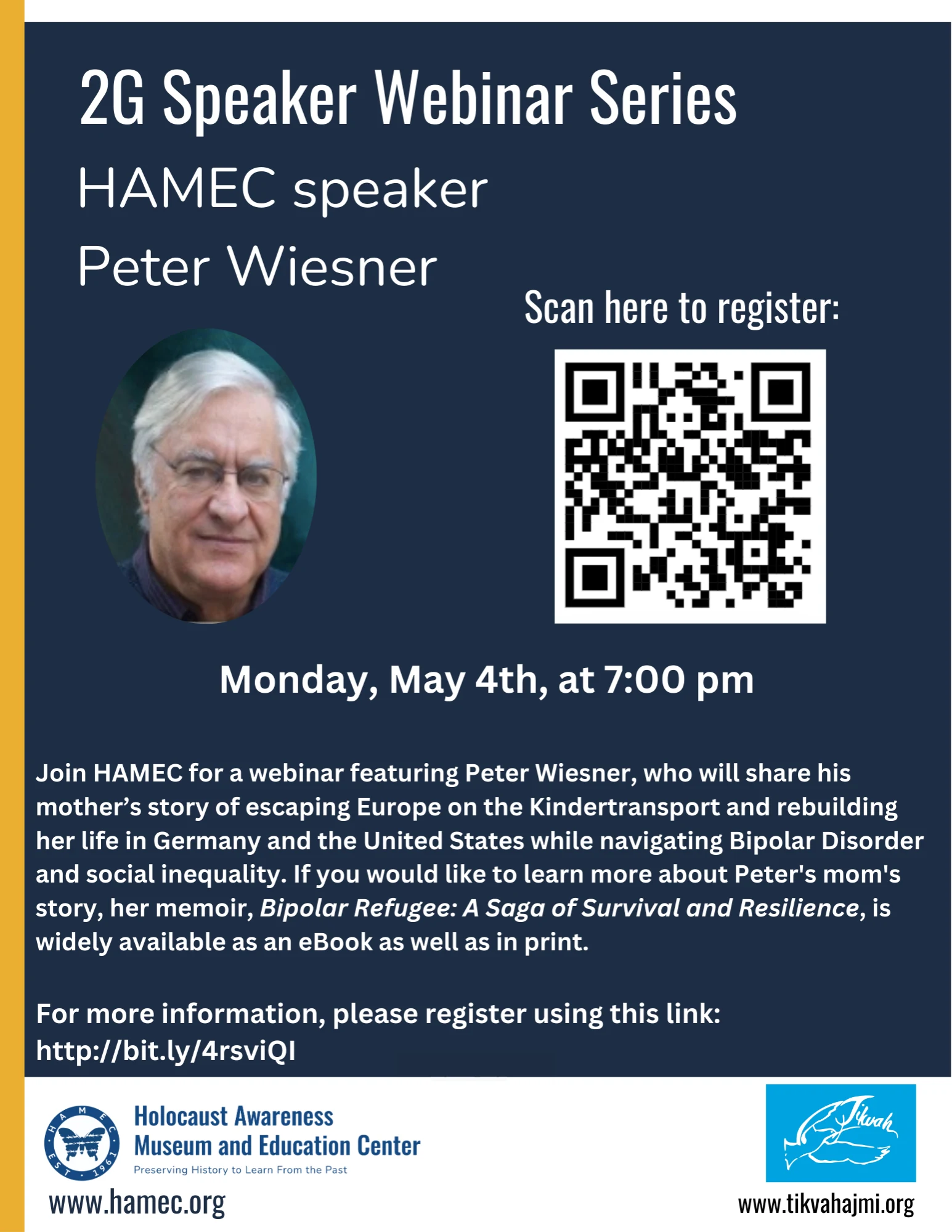 Peter Wiesner, second-generation Holocaust speaker, featured in HAMEC's 2G Webinar Series on May 4th
